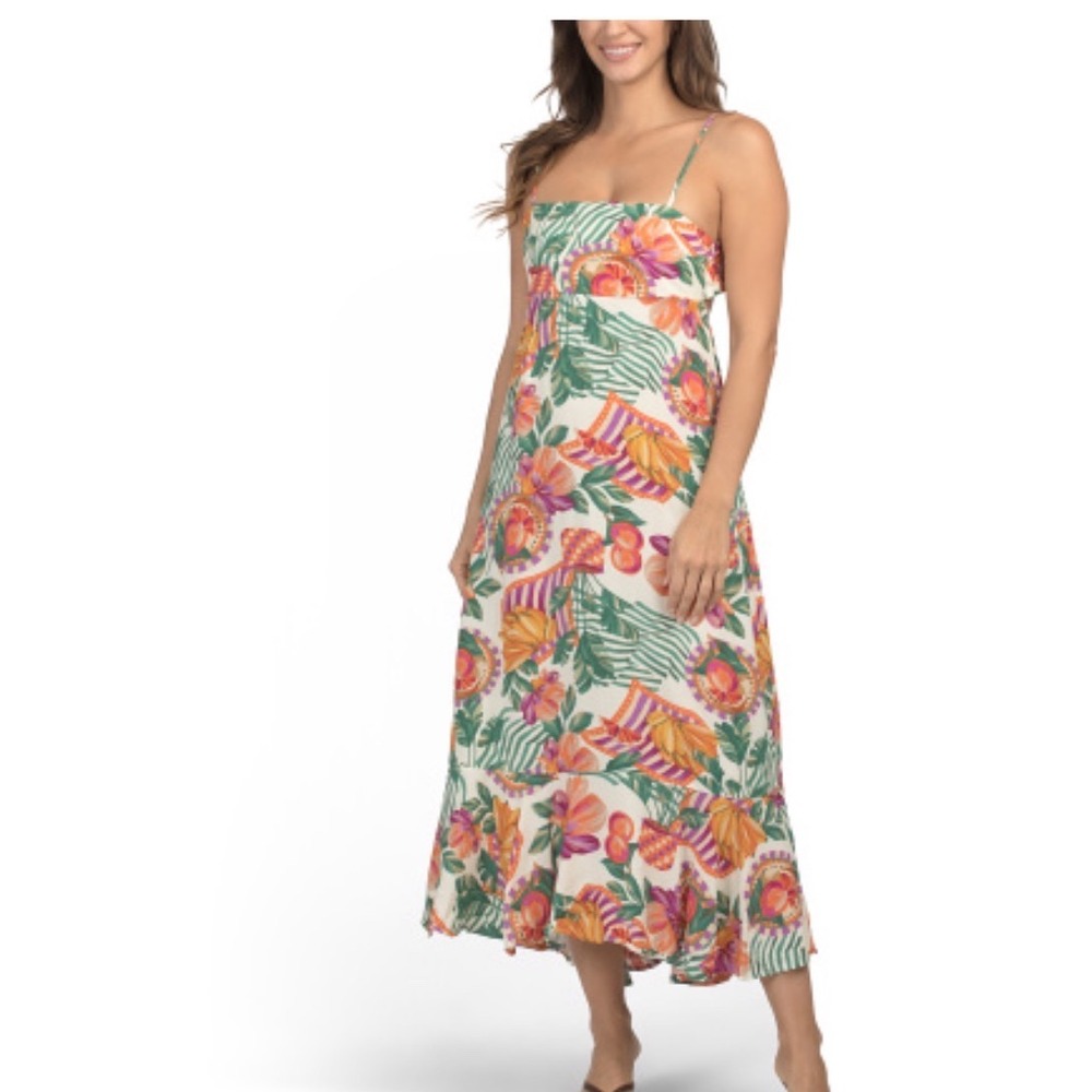 Paperheart Italian Landscape Tie Back Maxi Dress XS Fruit Floral Print Rayon NWT